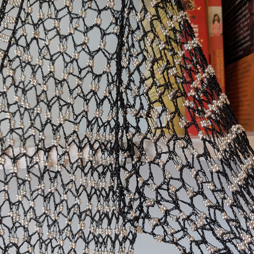 Mesh Net Cardigan Sheer Knit Black and Silver Beaded Small Festival Boho Rave - Picture 6 of 8